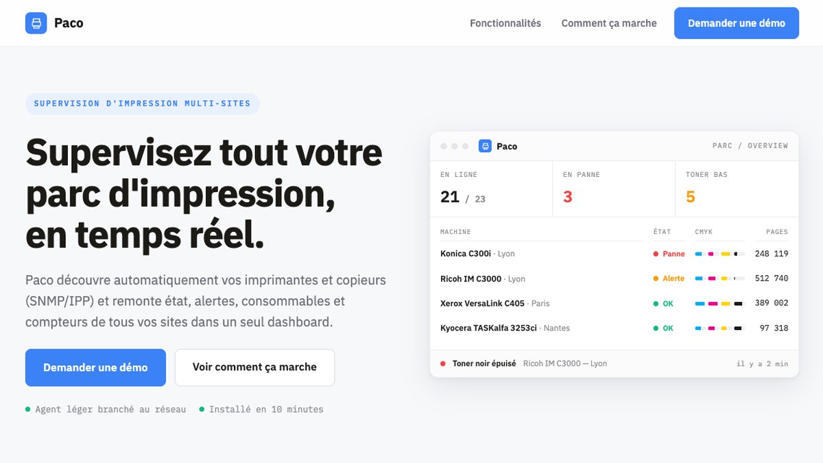 Plateforme SaaS de supervision de parc d'impression multi-sites